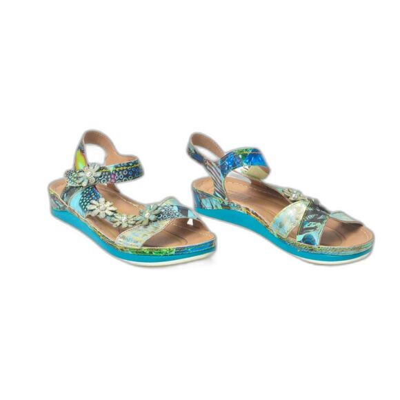 L'Artiste Blue Floral Charleen -Blum Leather Sandal Size 41 - Picture 4 of 6